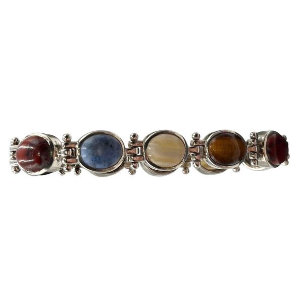 Sterling Silver Vintage Oval Stone Sodalite, Tigers Eye, Agate, Jasper Bracelet - Picture 2 of 9